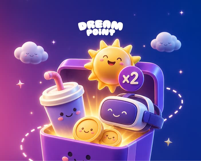A gift box full of Dream Point rewards — a free drink, points and a VR session
